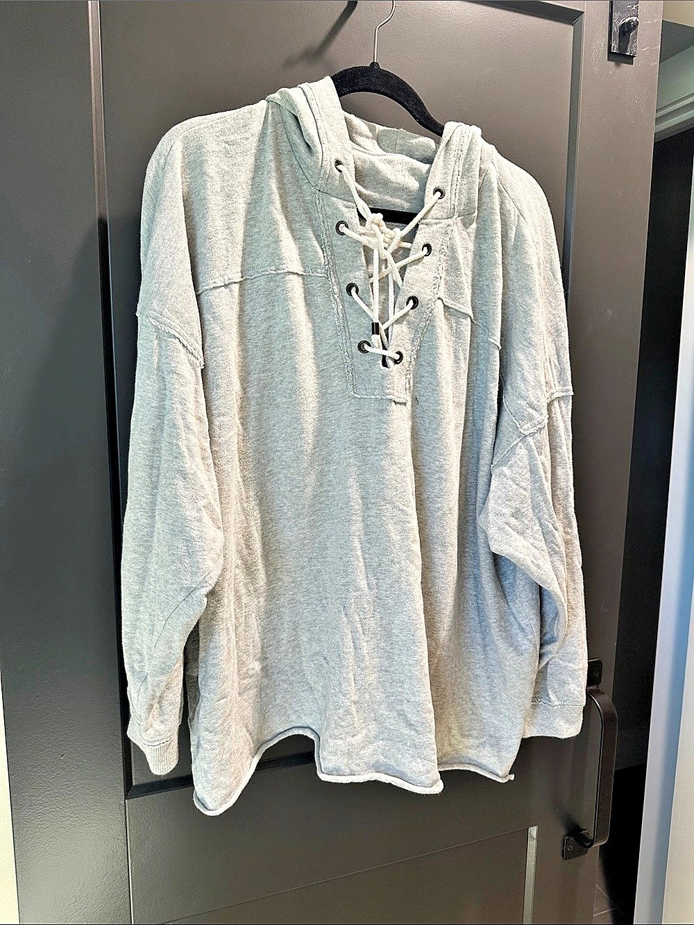 aerie Oversized Distressed Lace-Up Hoodie Lace-Up Hoodie in Blue Size Large